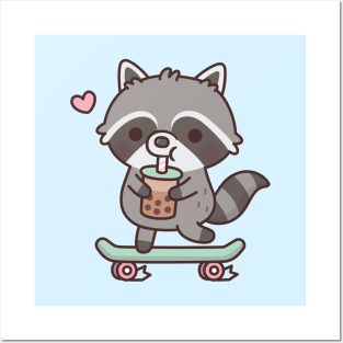 Cute Skateboarding Raccoon Drinking Boba Tea Posters and Art